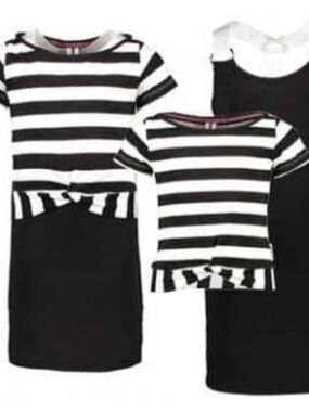 Black & White Striped Casual Kids 2-in-1 Dress with Bow Accent